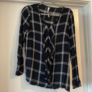 Kensie Black and White Plaid Top with Ruffles - Size Medium